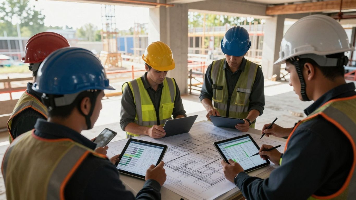 Construction project management software interface on tablets.