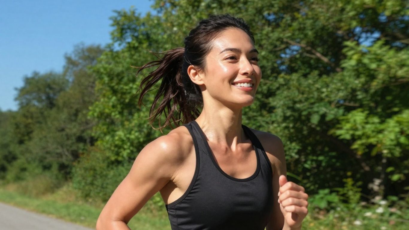 Woman with radiant skin exercising outdoors.