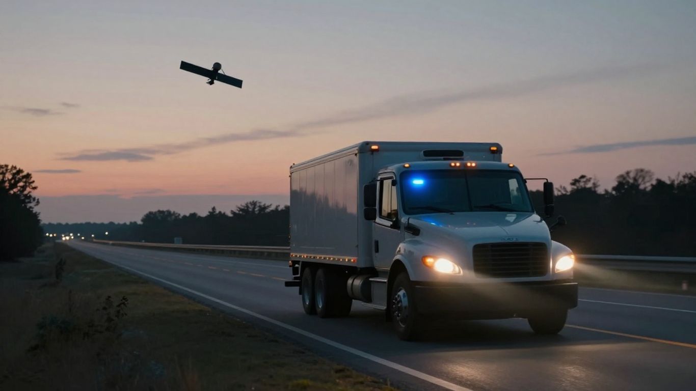 Tow truck on highway with GPS satellite overhead.