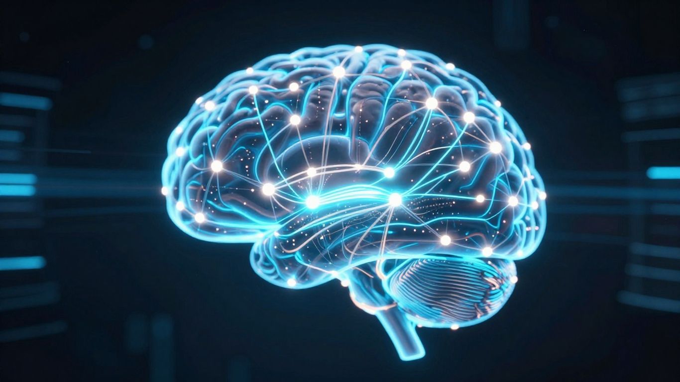 Abstract glowing brain with data trails