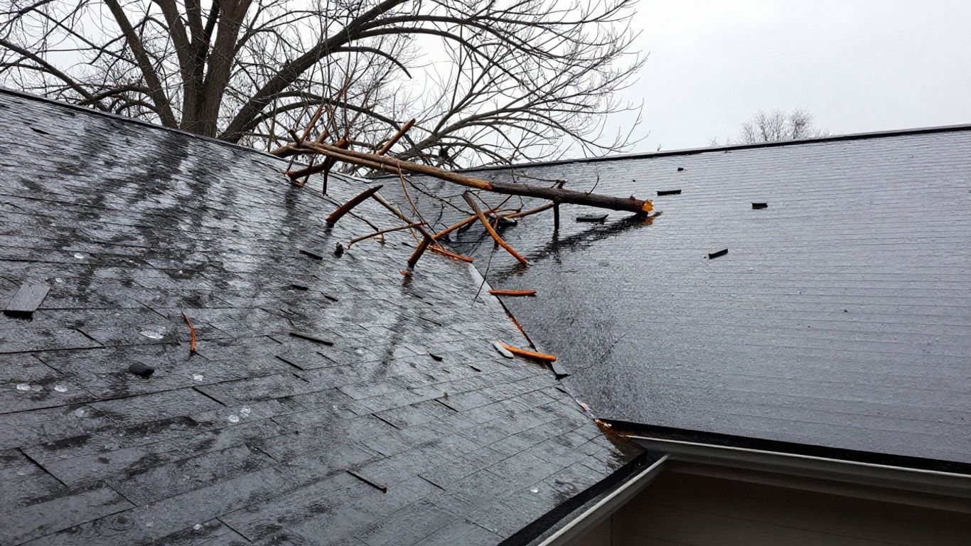 Damaged house roof with hail dents after storm
