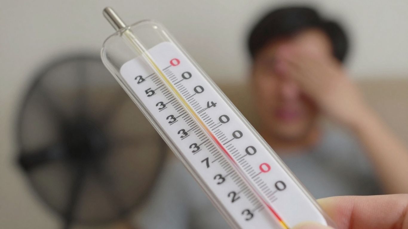 Thermometer zeigt hohe Temperatur, Person schwitzt.