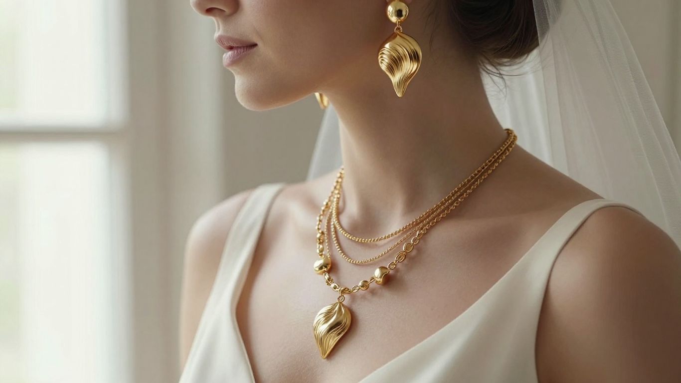 Bride wearing sculptural earrings and layered necklaces