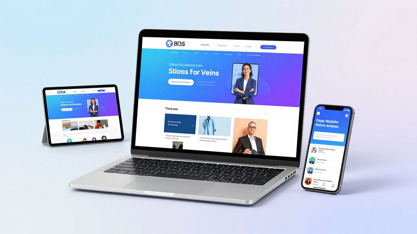 Website adapting across devices on a laptop screen.