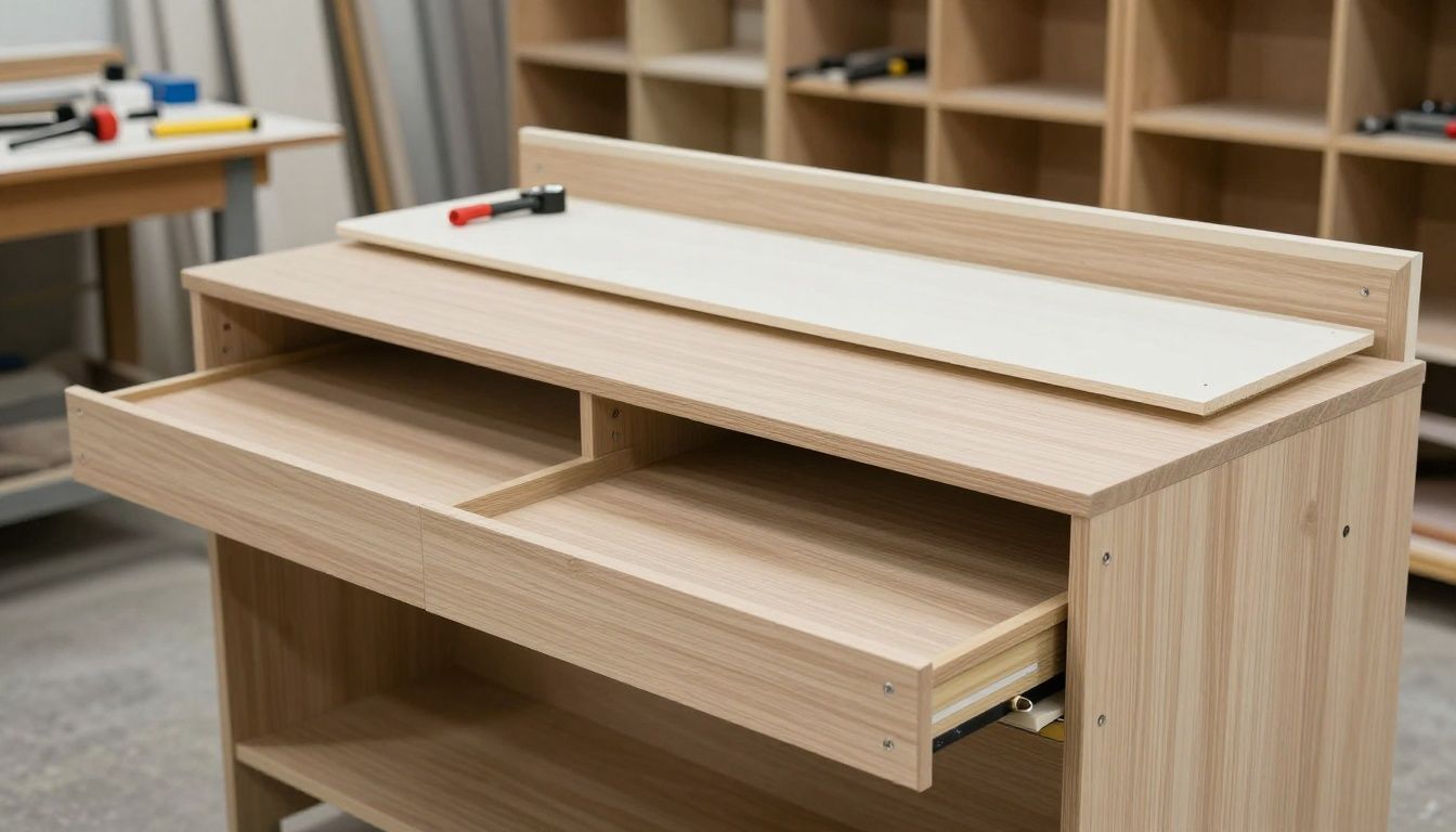 Cabinet workshop with tools and unfinished cabinets.