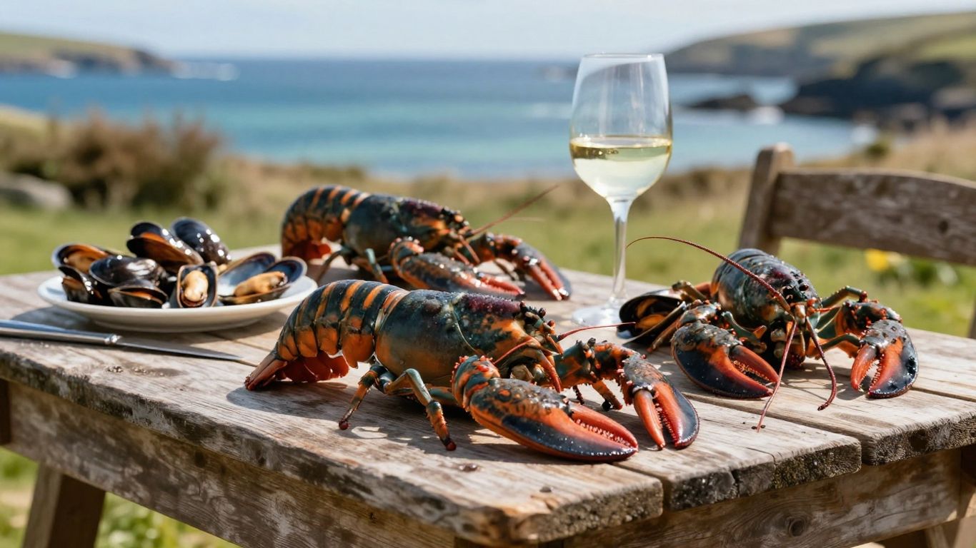 Fresh Cornish lobsters and mussels on a table by the sea.