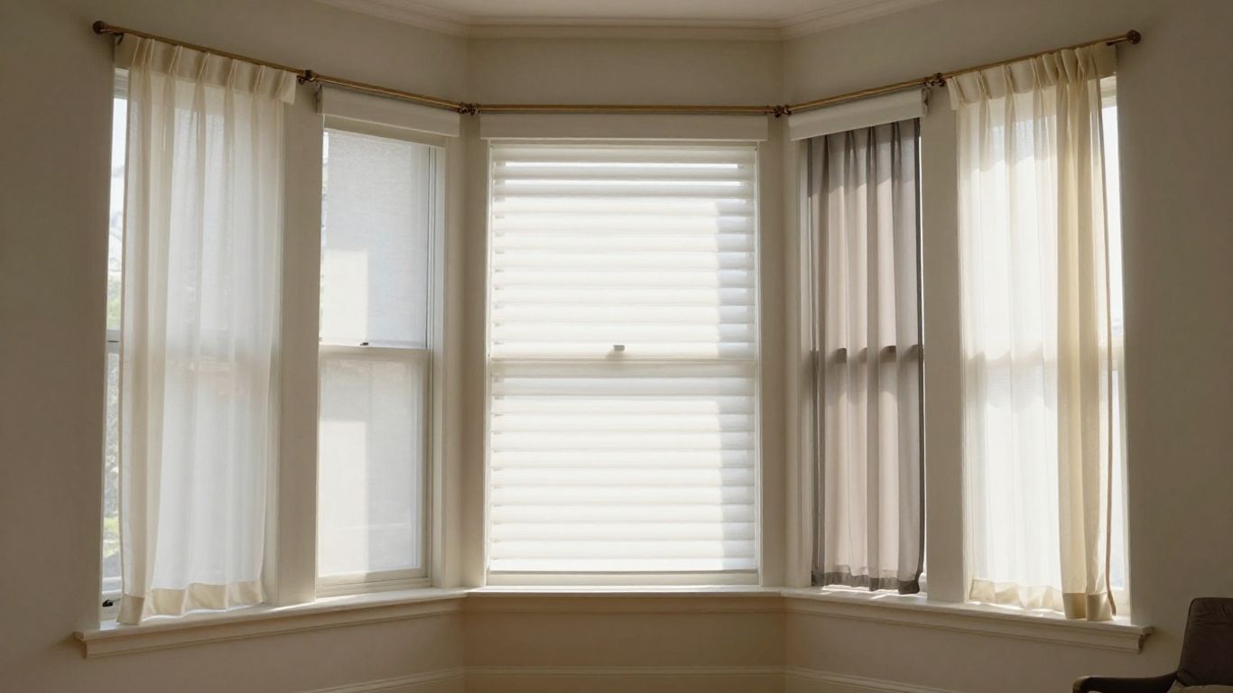Half circle window with stylish drapes and blinds.