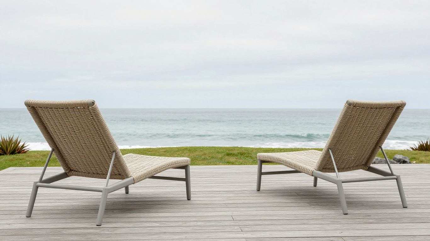 Outdoor loungers on a coastal timber deck