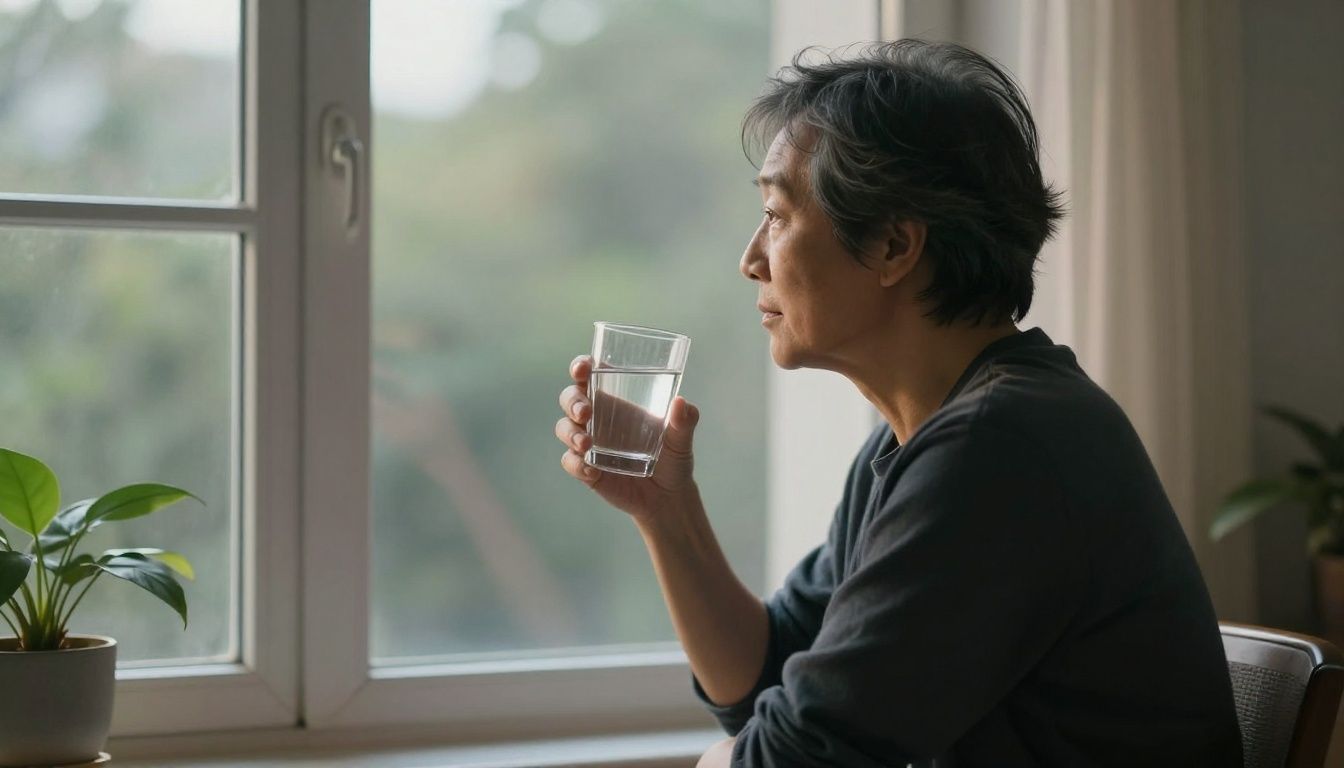 A person in their 40s looking thoughtfully out a window in the early morning light, holding a glass of water, ready to start their day with intention.