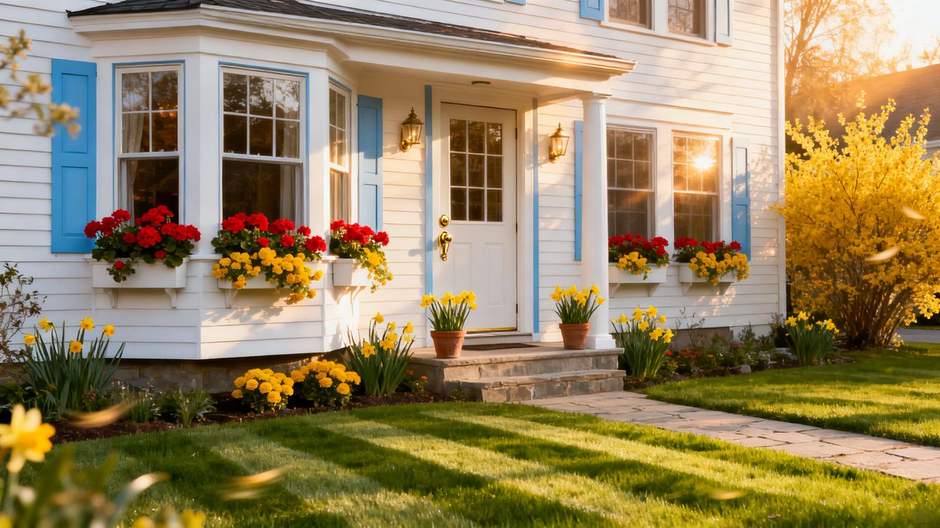Spring home exterior with fresh paint and flowers.