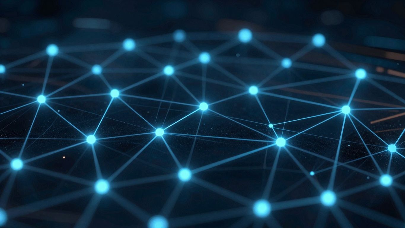Digital blockchain network with glowing nodes and light trails.
