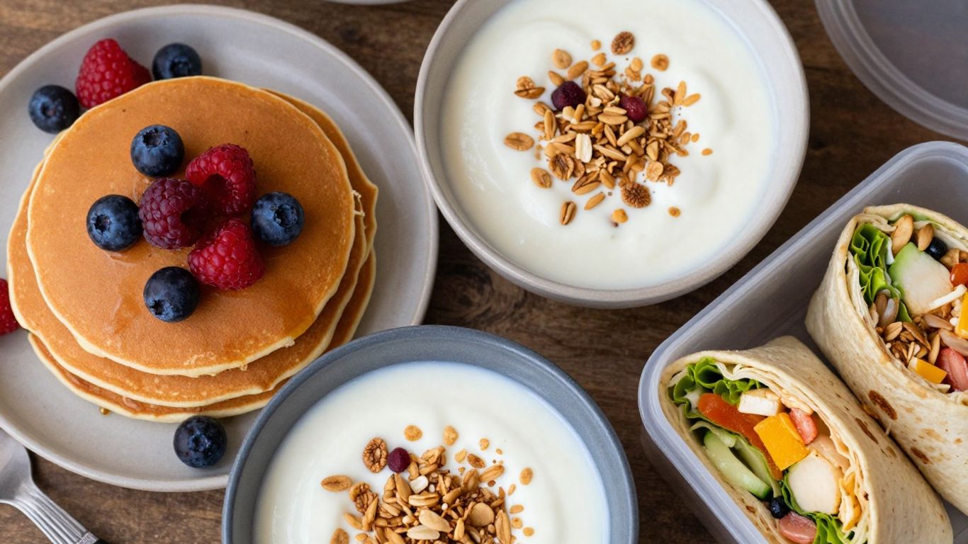 Assortment of egg-free breakfast dishes including pancakes and yogurt.