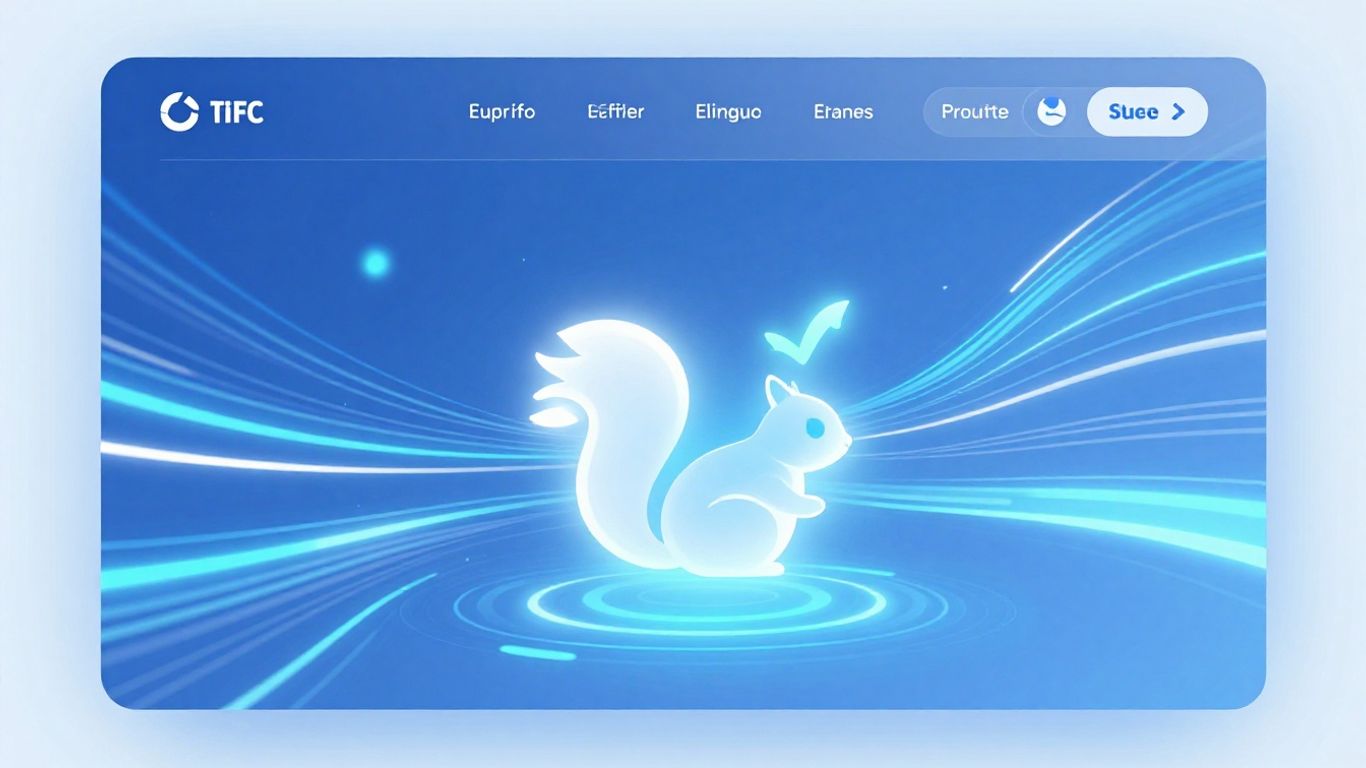 Website interface with stylized squirrel icon and digital elements.