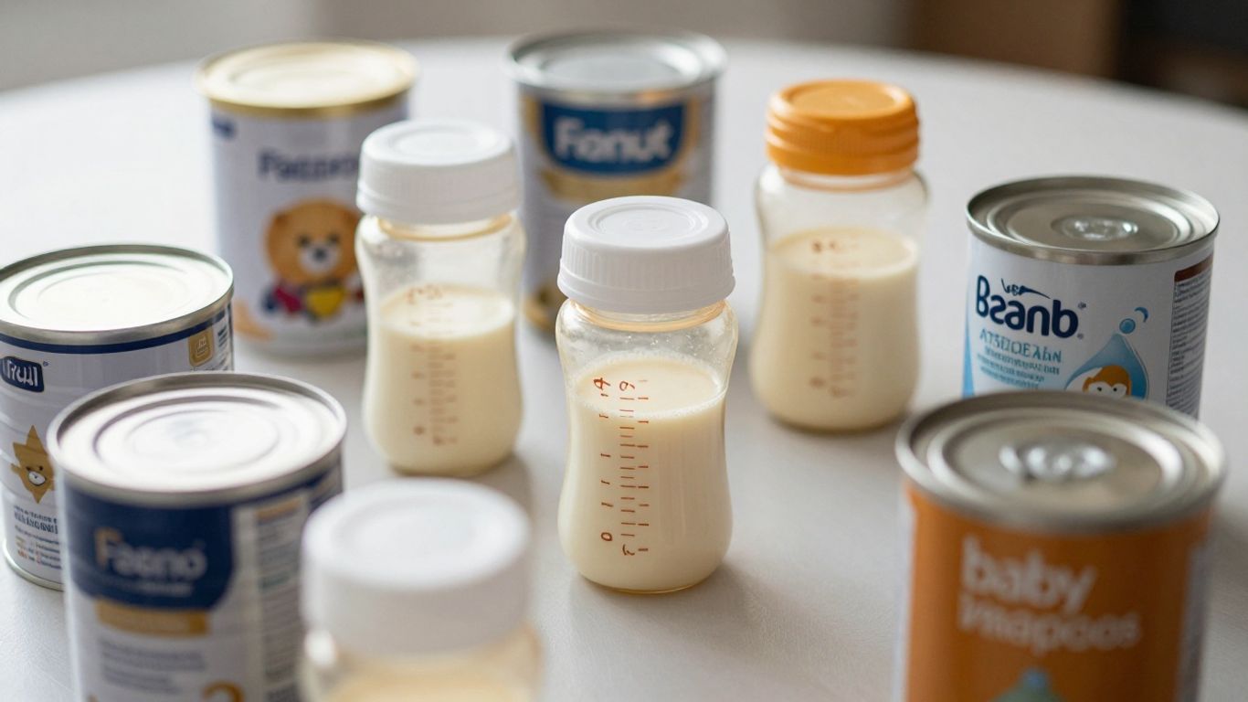 Latas y biberones de leche de fórmula para bebés.