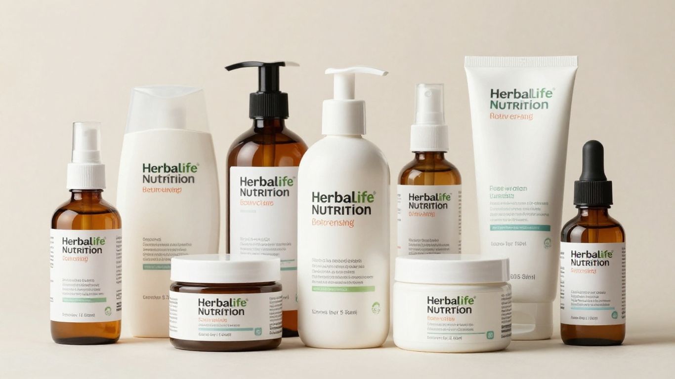 Herbalife Nutrition skin and body care products arranged neatly.