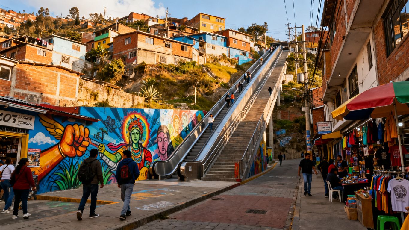 Colorful Comuna 13 street art and hillside homes