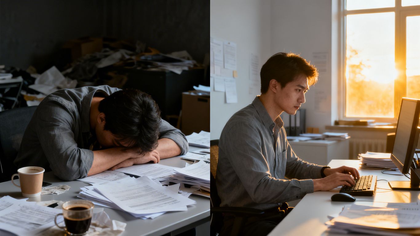 Person transforming from disorganized to productive.