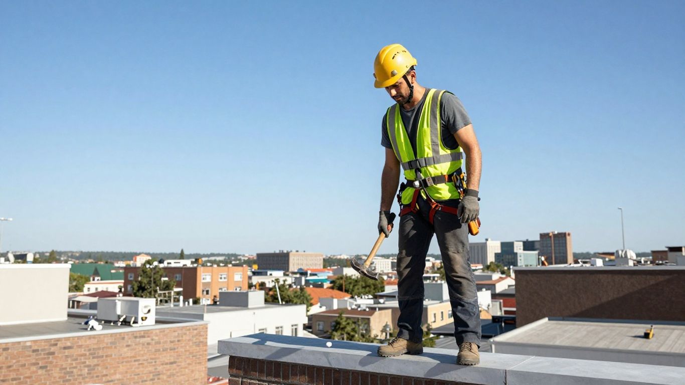 Roofer on a sunny rooftop with cityscape below.
