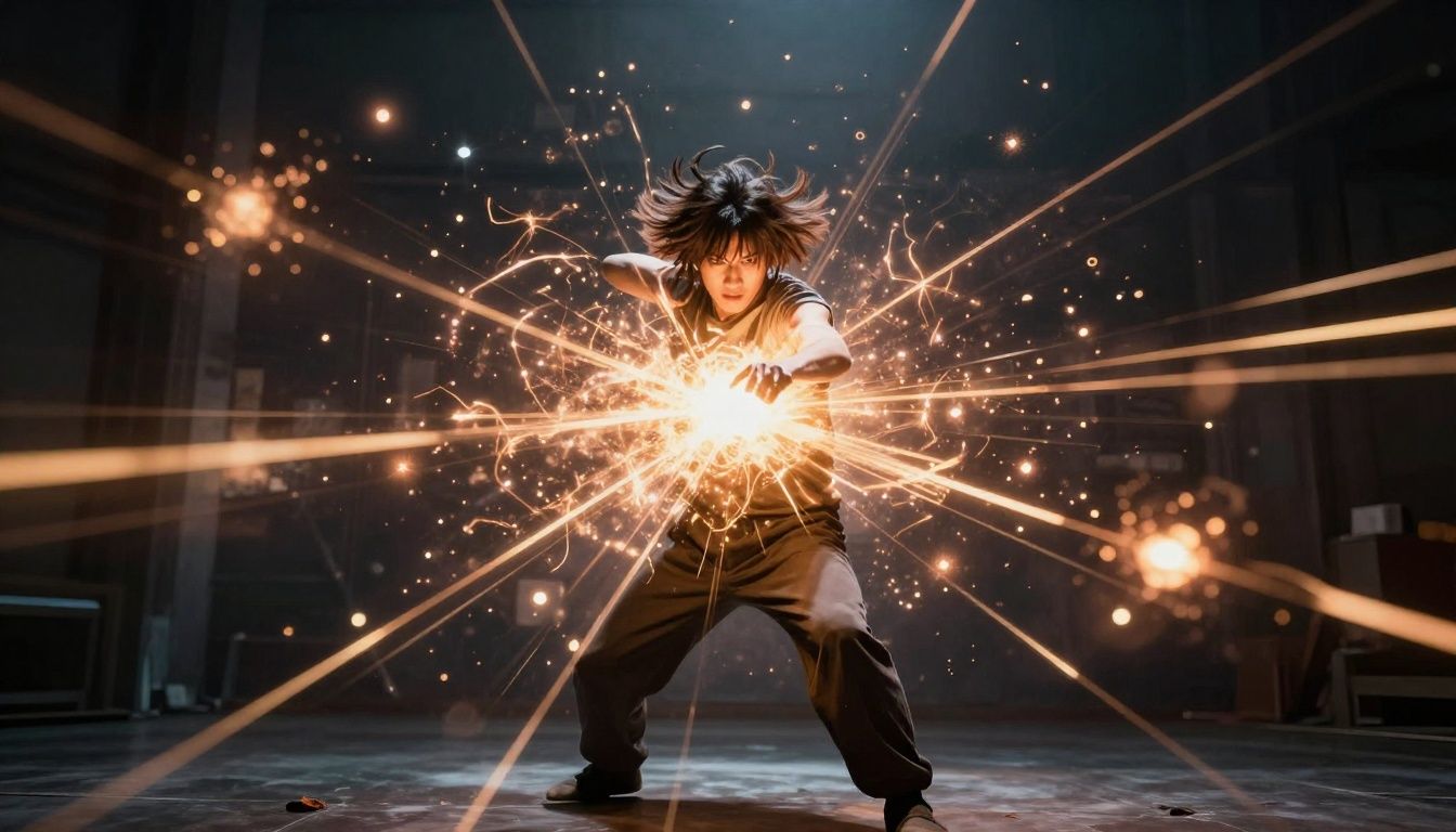 Personagem executando um movimento especial com efeitos visuais intensos de luz e energia
