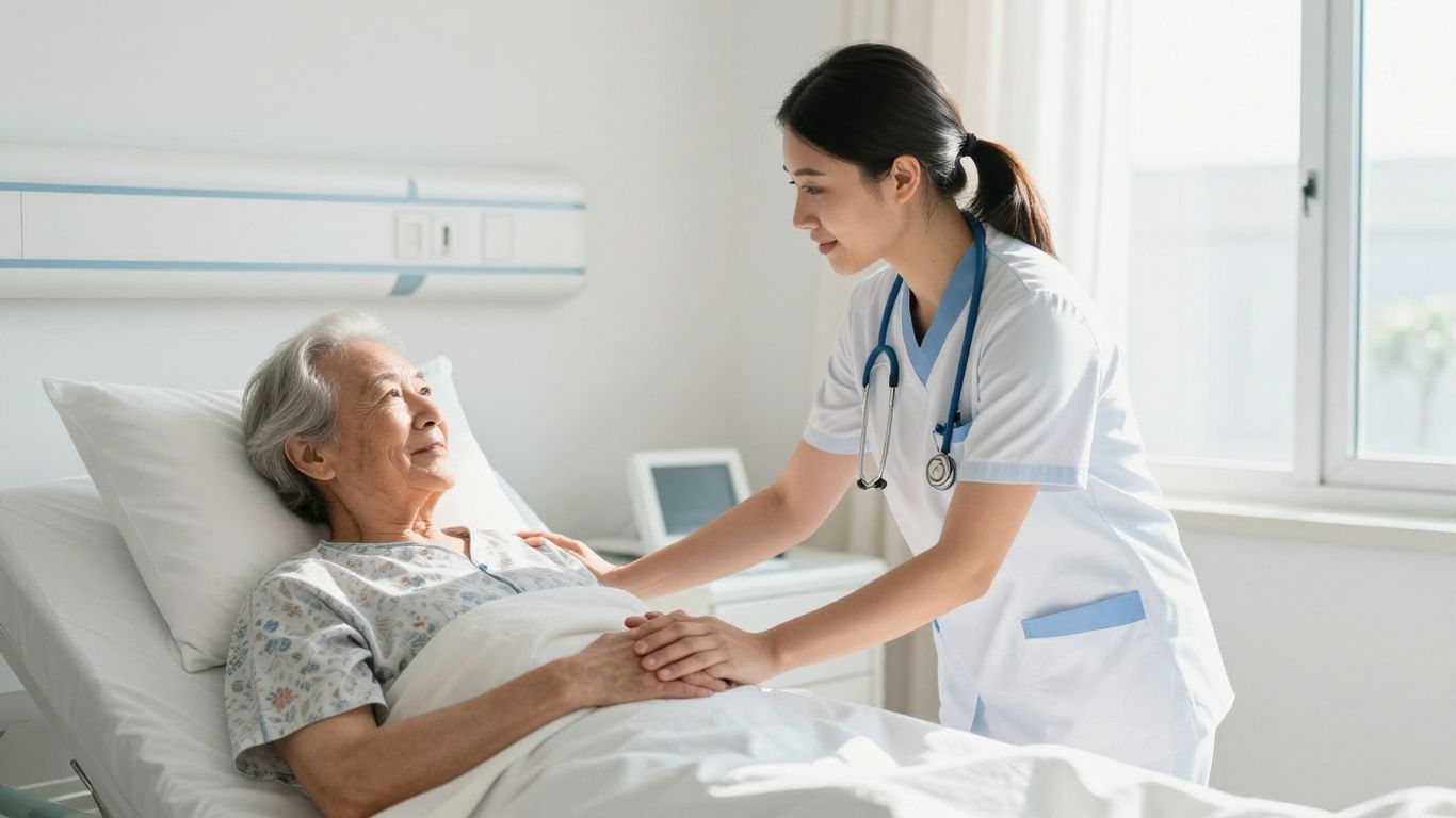 California CNA assisting an elderly patient in a hospital.