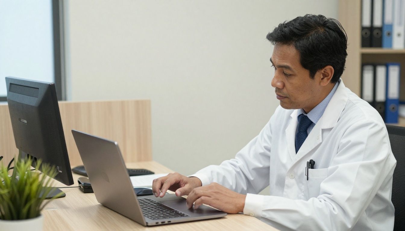 A behavioral health provider or office manager reviewing a recent bank deposit on a laptop in a private practice office.