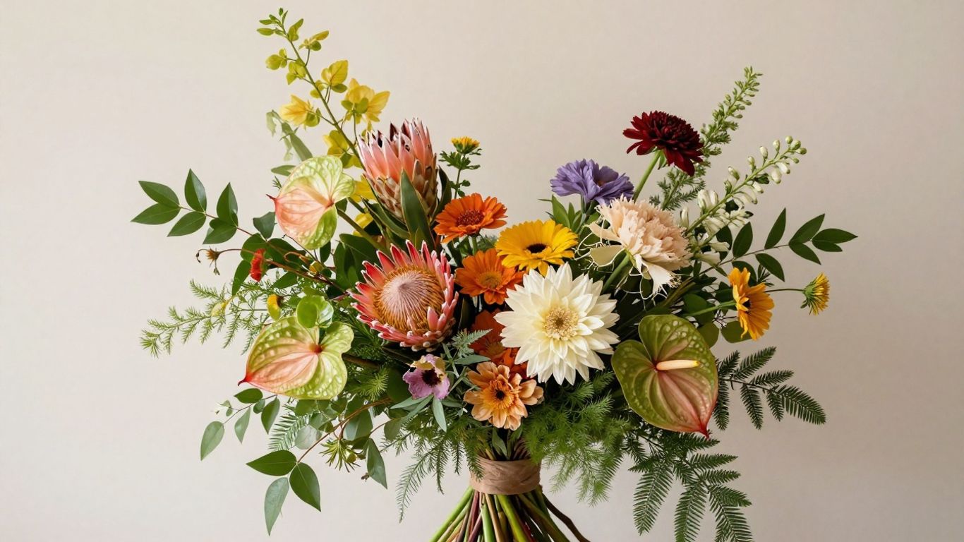 Eclectic bold wedding bouquet with unique colorful flowers