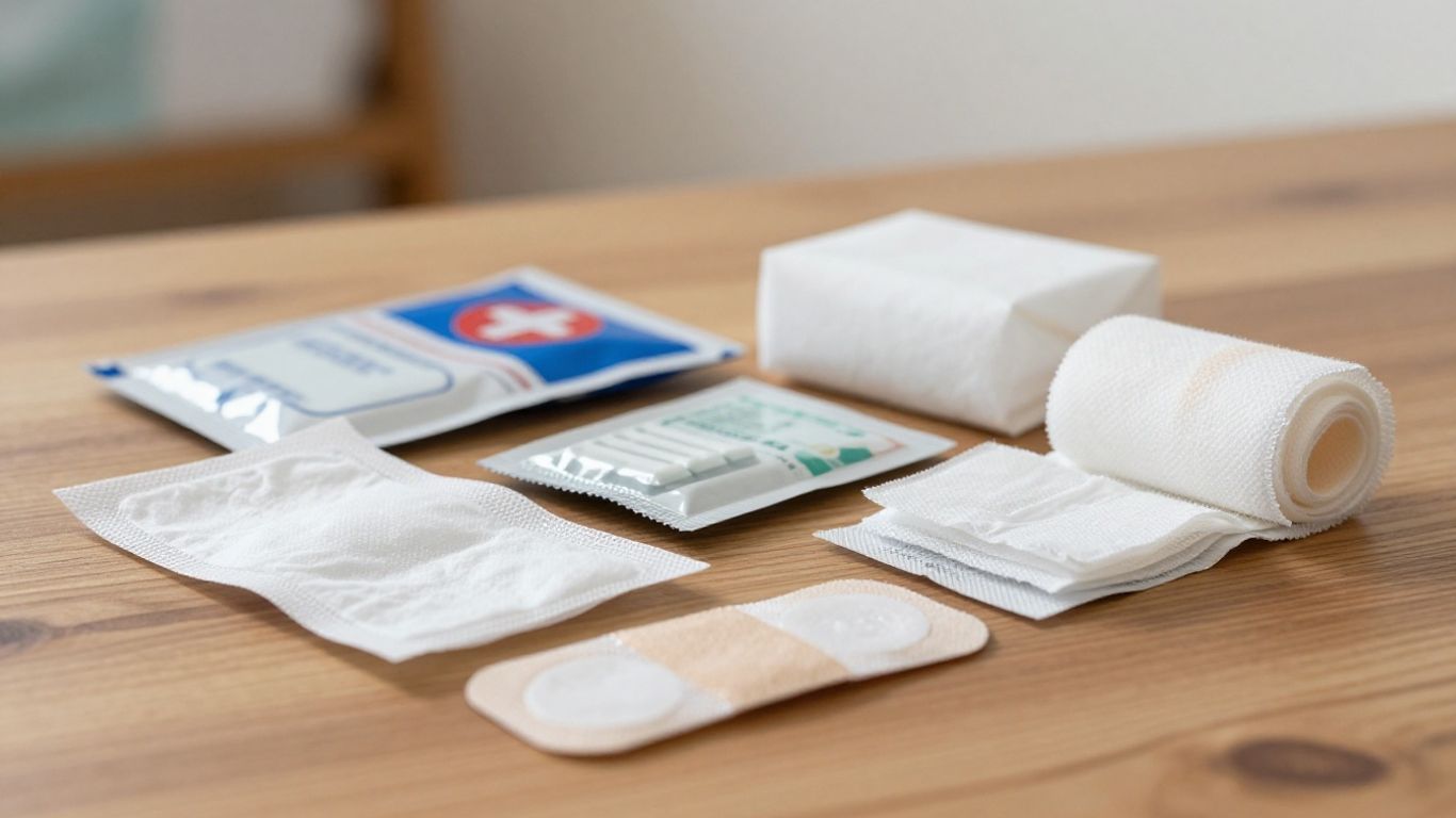 BotiquĂn de primeros auxilios abierto con suministros mĂ©dicos.