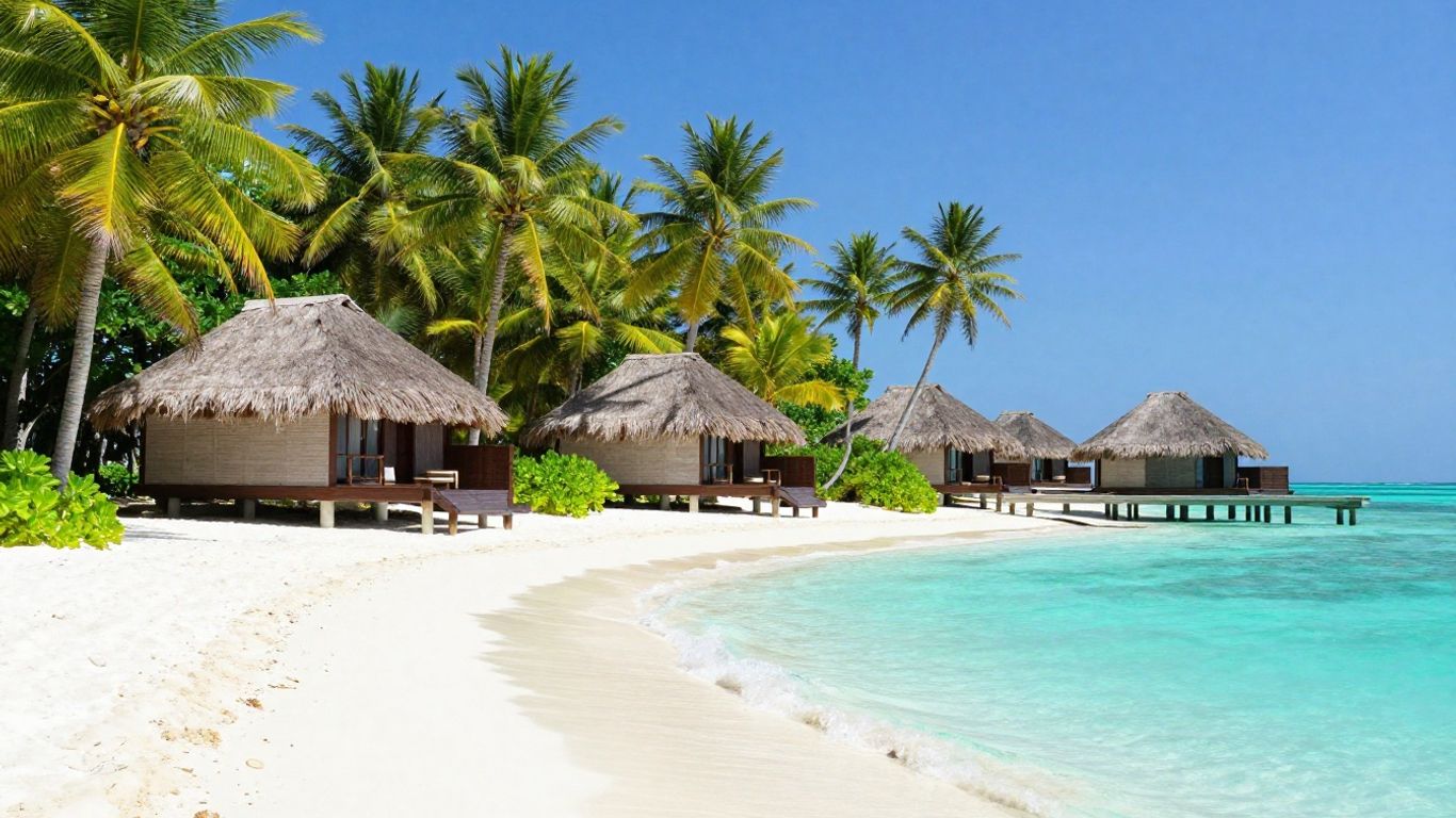 Maldives overwater bungalows on a turquoise lagoon.
