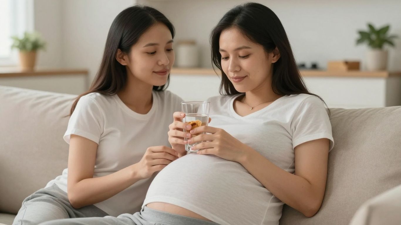 Pregnant woman drinking water and eating a healthy snack.