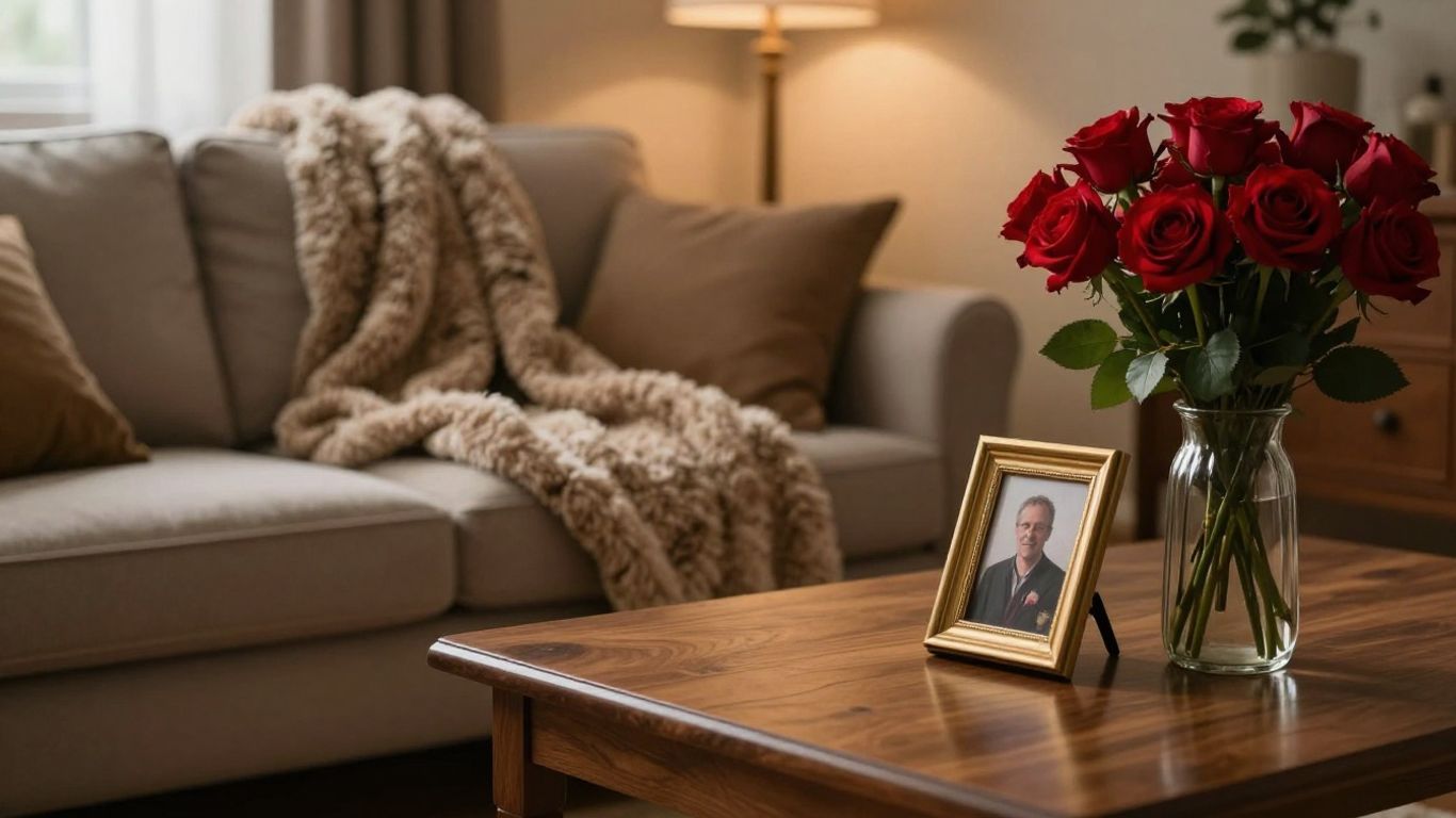Cozy living room with roses and framed photo.