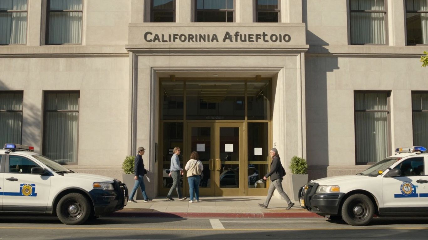 Edificio público de California con entrada y agentes