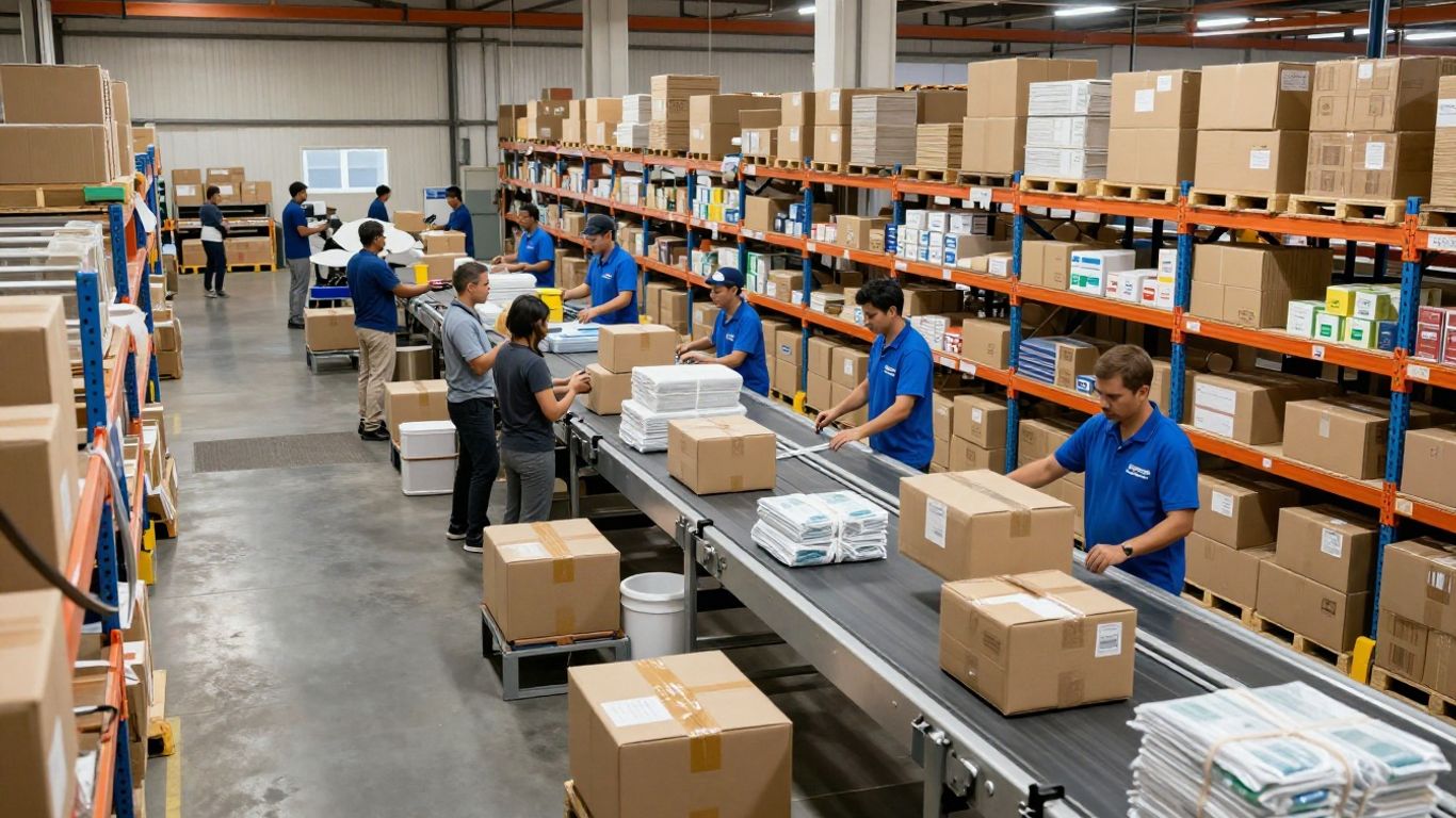 Busy Amazon warehouse workers packing boxes