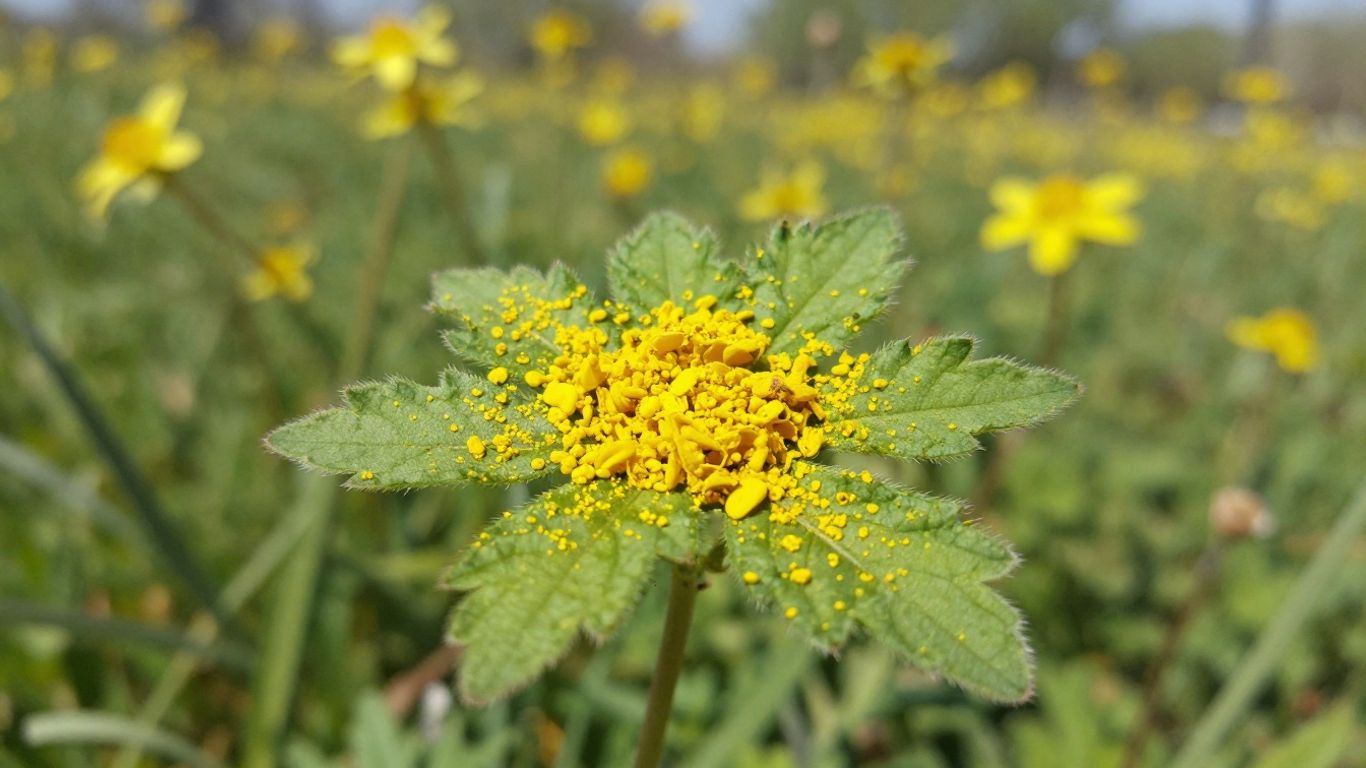 Gelbe Pollen auf einem grünen Blatt im Frühling.