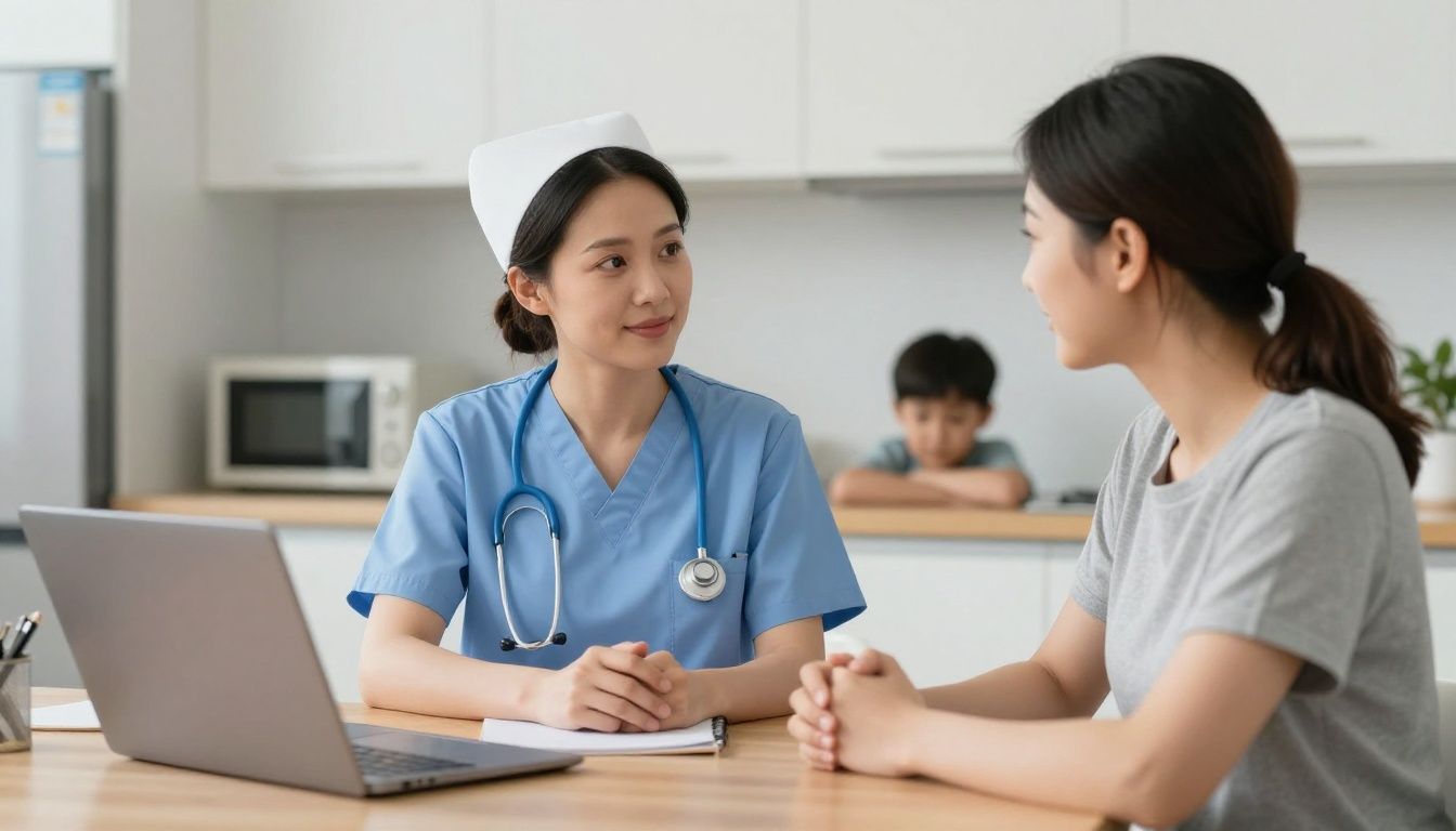 A compassionate female nurse in blue scrubs sits at a kitchen table, talking warmly with the mother of a medically complex child who is partially visible in the background.