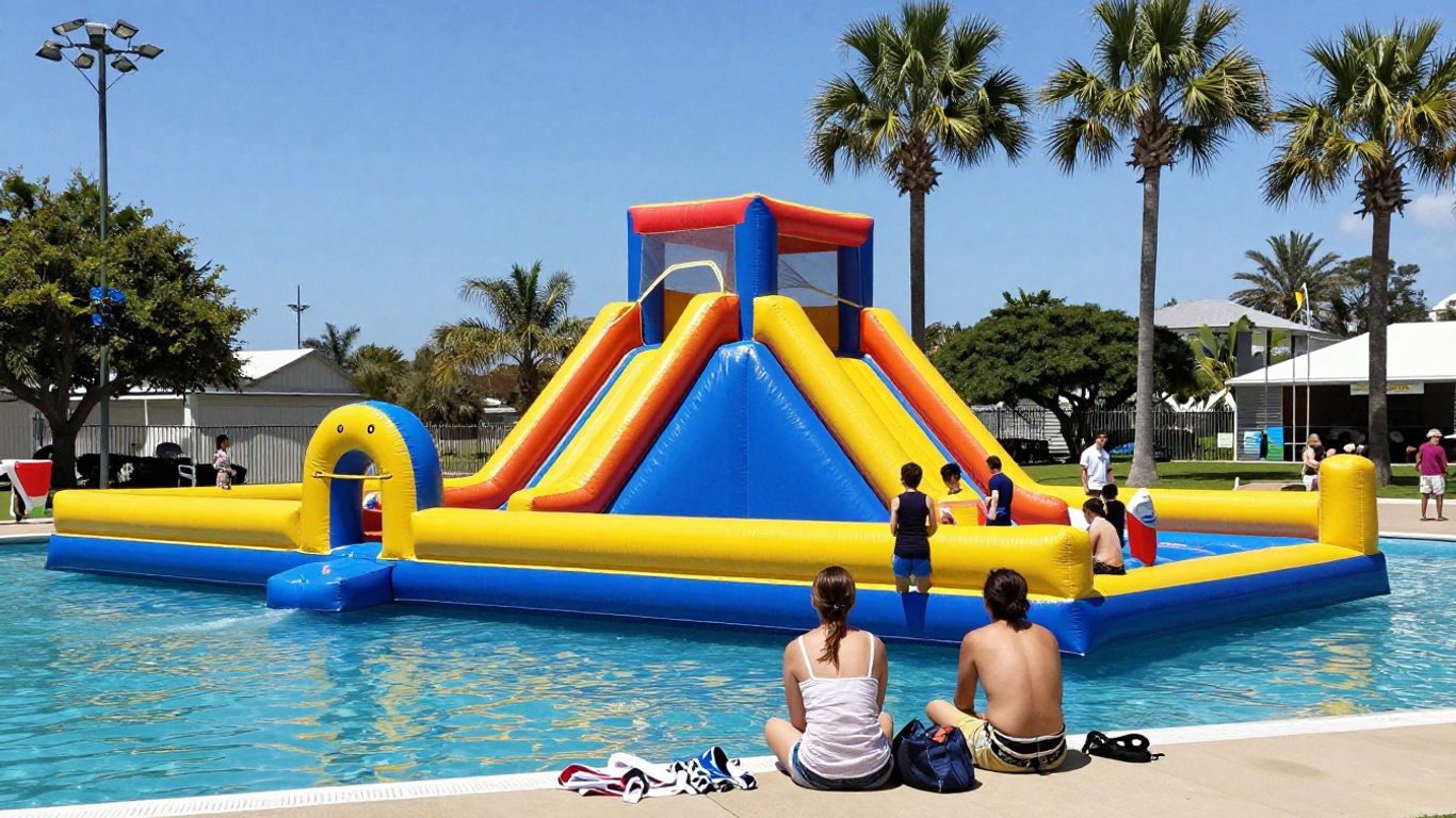 Family enjoying inflatable water park session