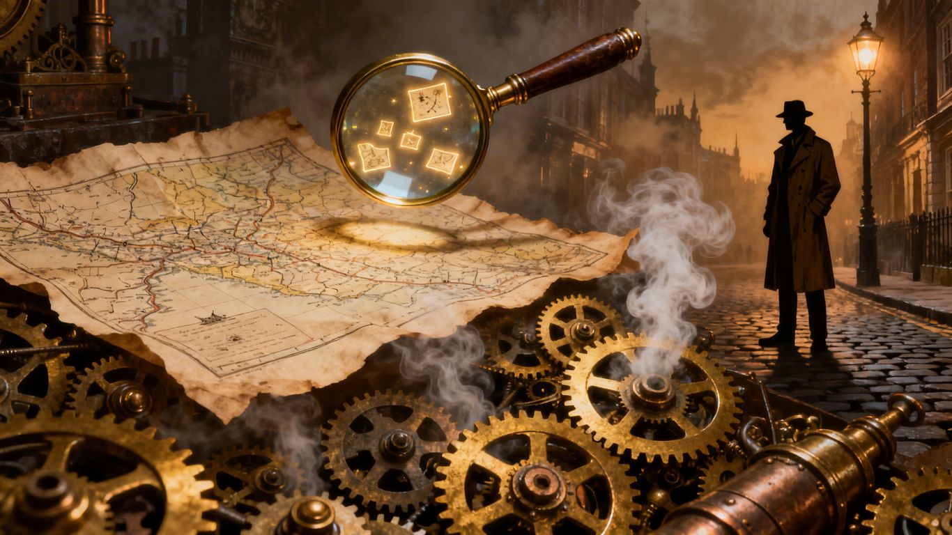 Detective Fest: Magnifying glass, map, gears, and detective silhouette.