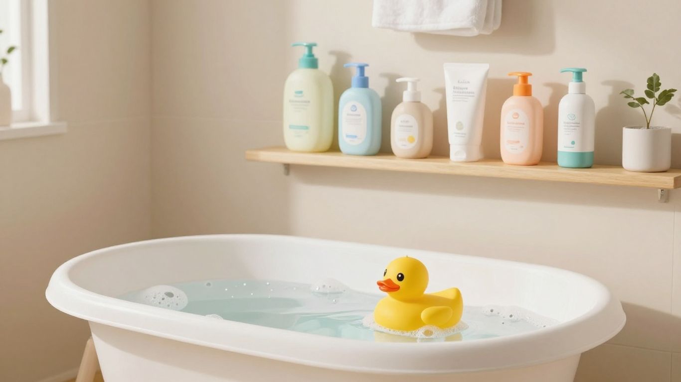 Bañera para bebé con accesorios y juguetes.