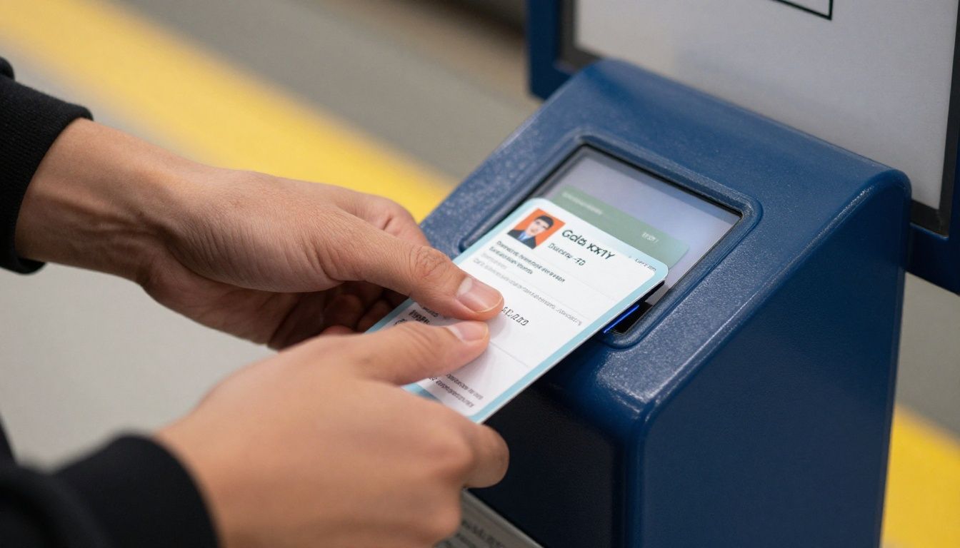 A person's hand holding a Galaxy S26 in a wallet case, tapping it on a public transport card reader at an Australian train station.