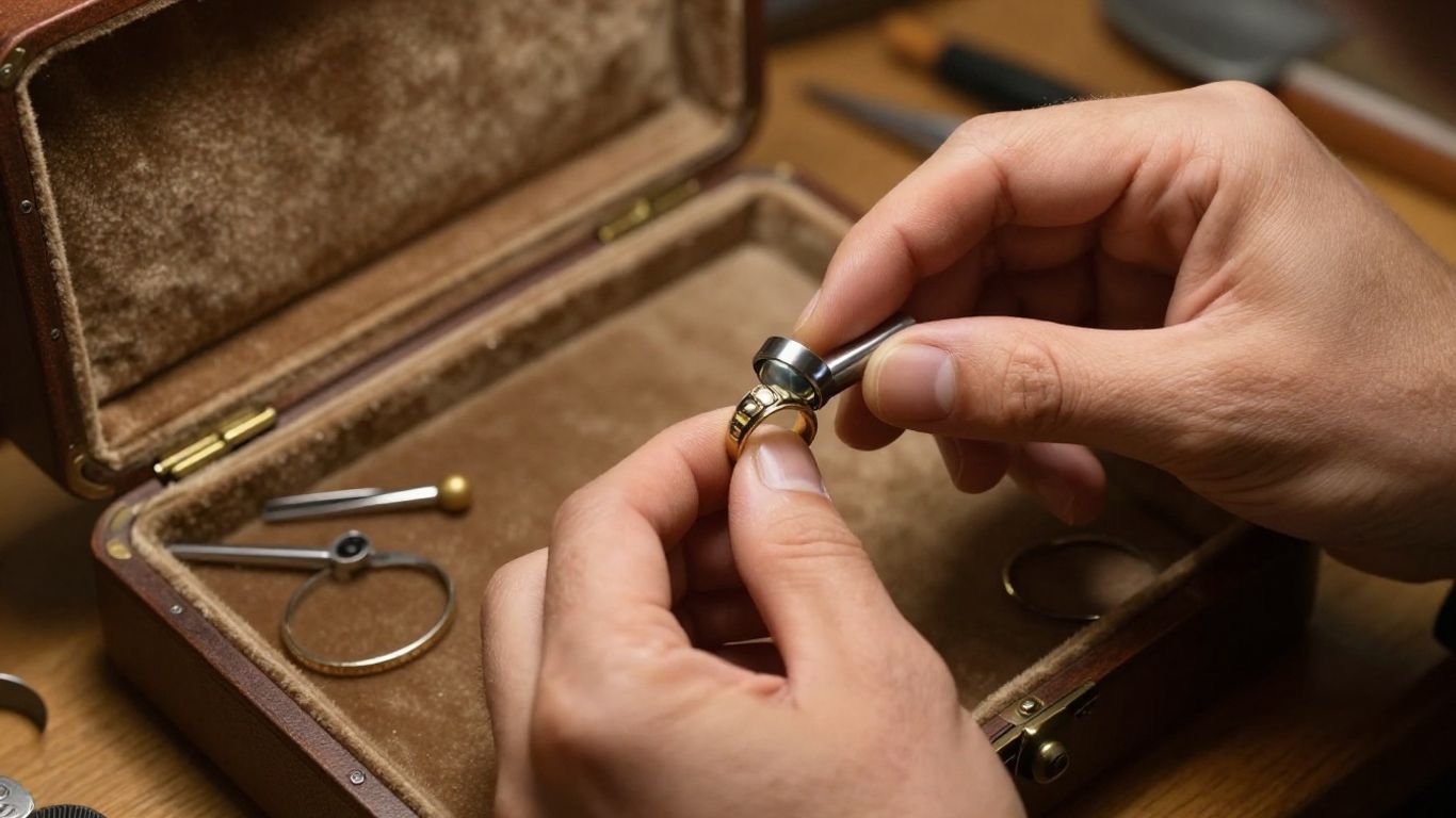 Jeweler inspecting an antique ring beside a velvet case
