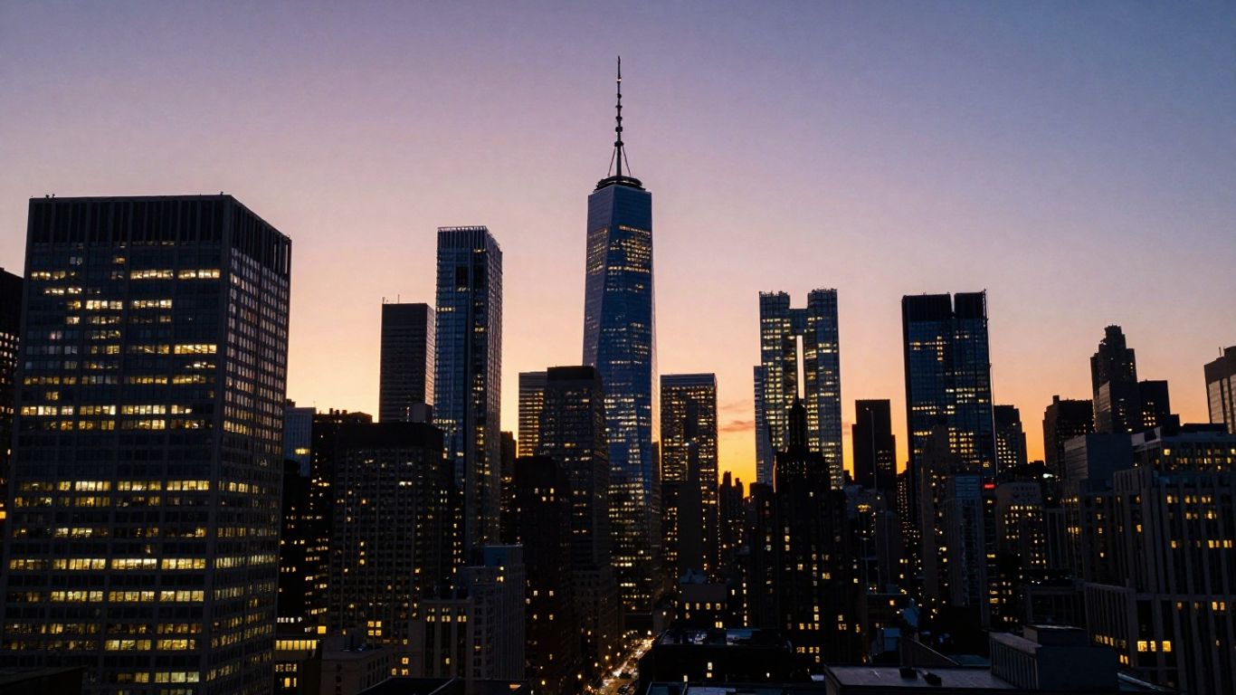 New York City skyline at dusk, glowing with innovation.