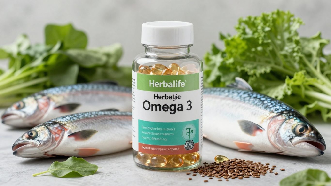 Herbalife Omega 3 bottle with fish and healthy ingredients.