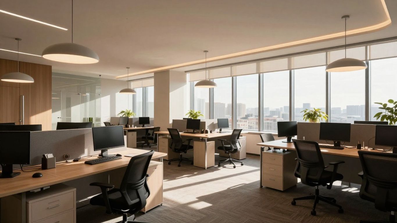 Büro mit hellem, modernem und intelligentem Lichtkonzept.
