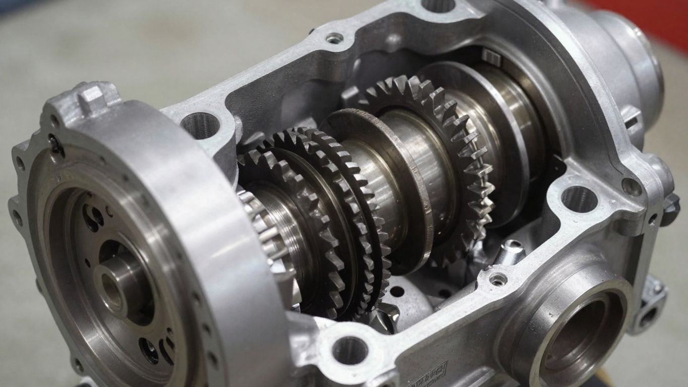 Reconditioned Mazda transmission with visible gears and components.