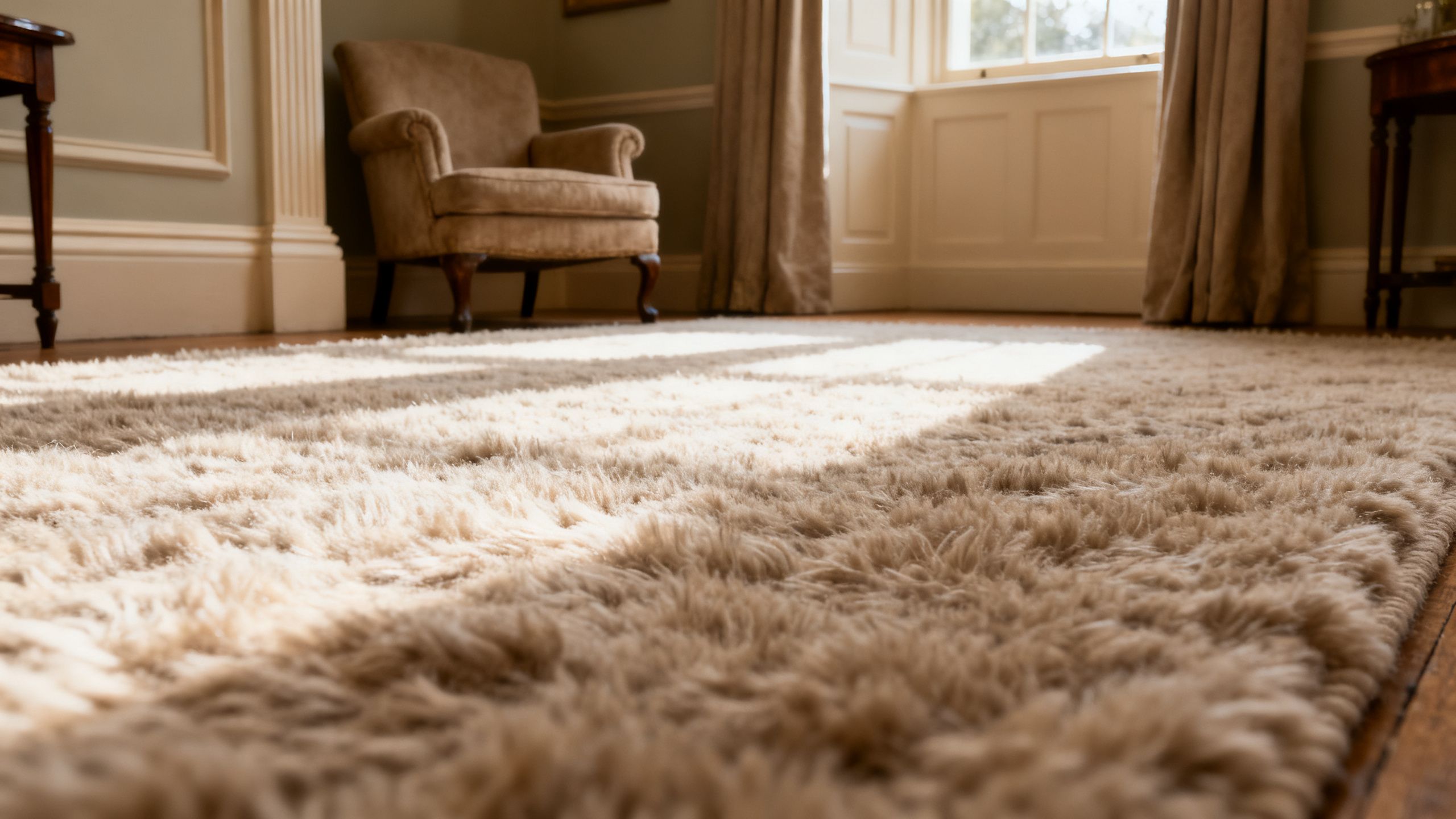 Warm wool carpet fitted in a traditional Bristol lounge, with soft natural texture, deep pile and a calm neutral interior suited to a period property
