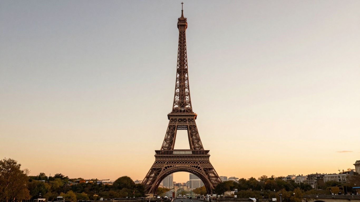 A view of the Eiffel Tower at sunset