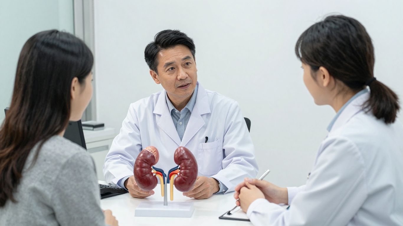 Médico mostrando sistema urinário para paciente no consultório