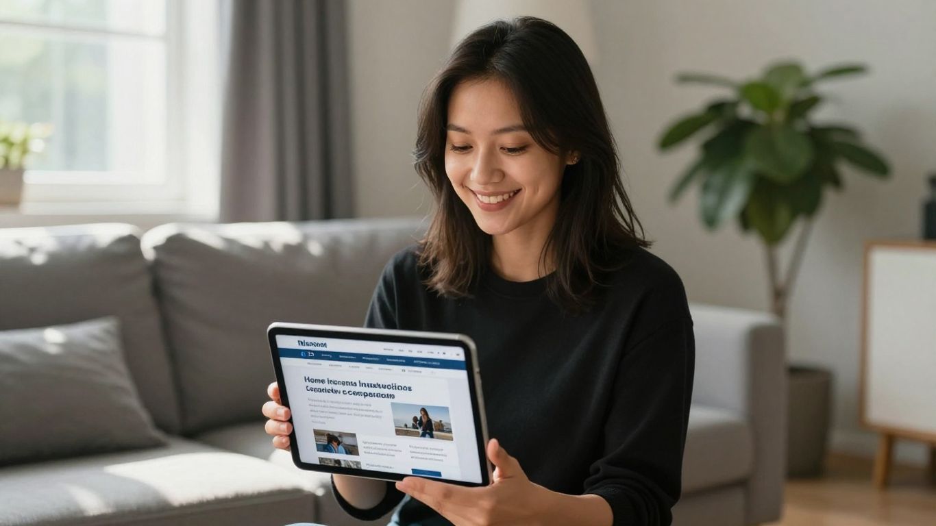 Persona sonriendo con tablet comparando seguros de hogar online.