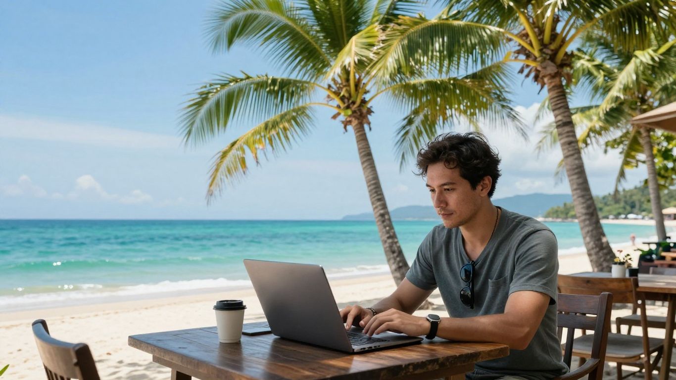 Digital nomad working on laptop in Thailand