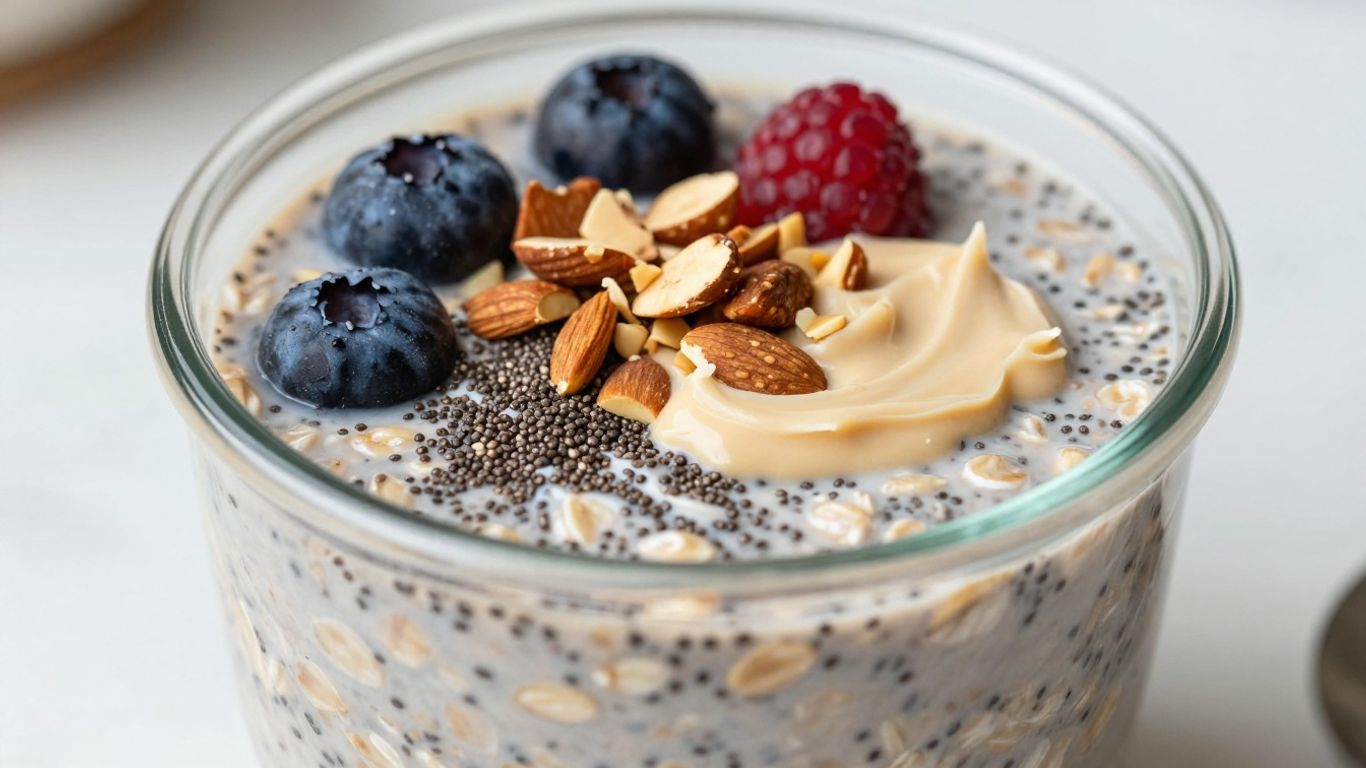 Almond butter chia overnight oats with berries and almonds.