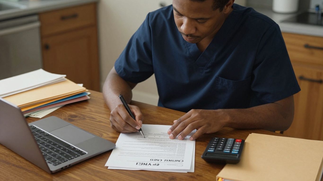 Adult learner reviewing CNA financial aid documents at home